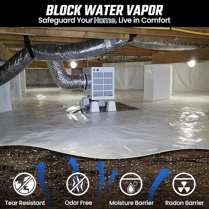Crawl Space Vapor Barrier - 10 Mil Vapor Barrier - (12' x 100'), Tear Resistant, Heavy Duty Vapor Barrier Plastic, Drop Cloth Moisture Barrier Plastic Sheeting Covering for Crawlspace Encapsulation