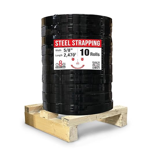 8NET Steel Strapping Band, 2,470' Length x 5/8'' Width x 0.020'' Thickness (1,460 lbs Break Strength), Cut Resistant Pallet Banding, Heavy Duty Metal Strap (10 Rolls)