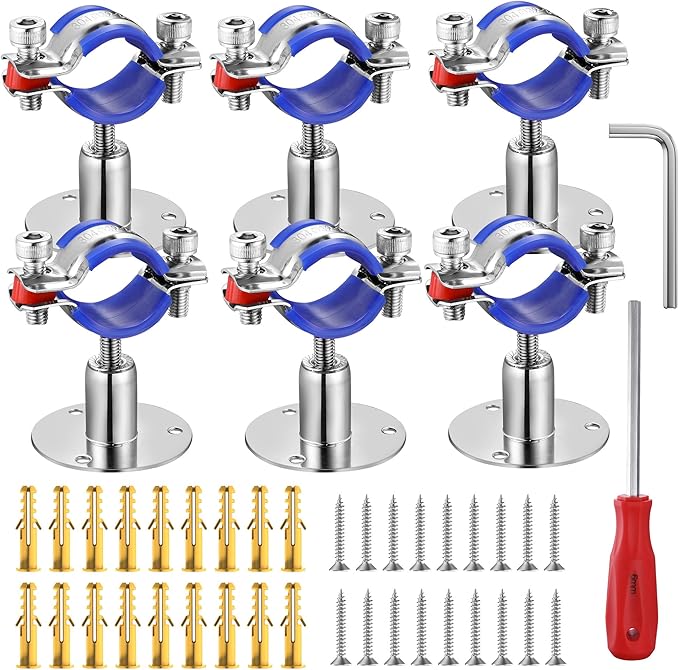 6PCS 304 Stainless Steel Wall Mount Ceiling Mount Pipe Supports,Suitable for OD Pipe 15-19mm,Adjustable Height 30-50mm,Adjustable Pipe Strap Clamp with Screws