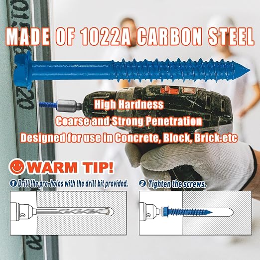100Pcs 1/4" x2-1/4 Concrete Screws with Drill Bit, Hex Head Concrete Cement Screws Anchor Assortment Kit for Masonry, Block Brick or Stucco