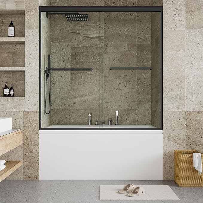 59" W x 60" H Single Sliding Shower Door - Bypass Space Saving Design with 1/4” Clear Tempered Glass & Aluminum Alloy Frame, Easy Installation & Reversible Hinges, Matte Black Finish