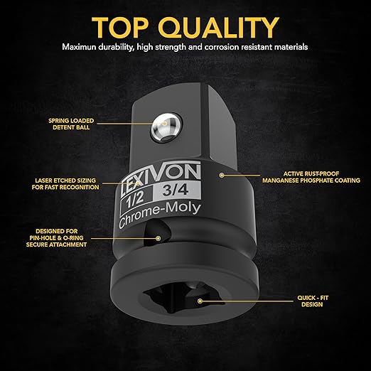 LEXIVON 1/2-Inch Impact Socket Adapter, 1/2" Female x 3/4" Male Increaser | Chrome-Molybdenum alloy steel = Fully Impact Rated (LX-401)