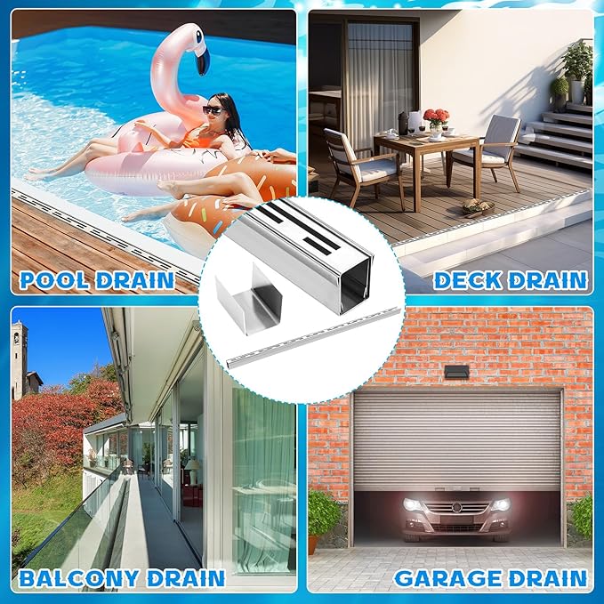 4 Pcs Pool Deck Drain 1.25-inch W x 4-feet L, Silver Outdoor Deck Drainage System 304 Stainless Steel with Coupling, Channel Drain for Integrated Grate/Concrete/Paver/Patios/Walkways