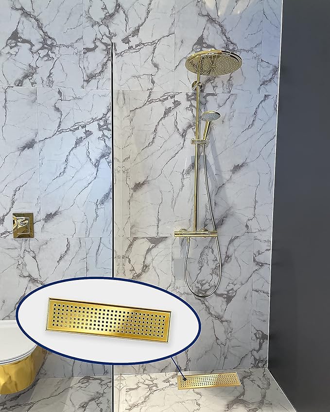 Linear Shower Drain 12", 304 Stainless Steel Floor Drain with Grid Drain Cover & Hair Strainer, Rectangular Shower Drain w/CUPC Certified, Brushed Gold