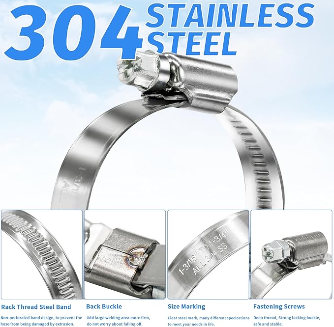 115pcs Heavy Duty Hose Clamps Set, 304 Stainless Steel Worm Gear Drive Hose Clamp Metal Fuel Line Pipe Clamp for Plumbing, Automotive And Mechanical Application