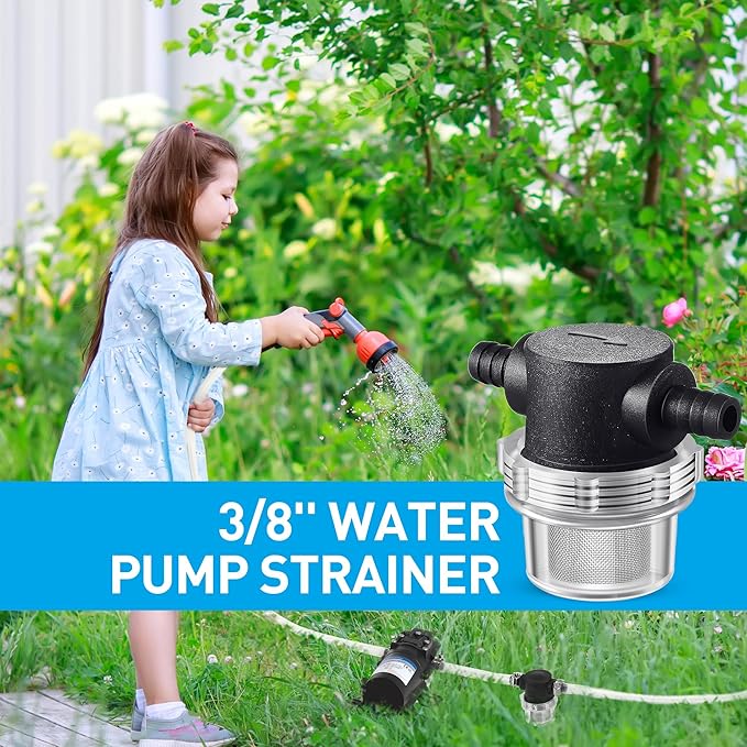 Water Pump Strainer, 3/8 Inch Hose Barb In-Line Strainer Twist-On Sprayer Filter for Water Pump 12V DC 80 PSI RV Camper Marine Boat Lawn