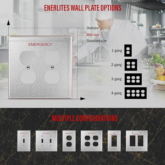 ENERLITES Double Duplex Receptacle Metal Wall Plate with Emergency Label, Stainless Steel Outlet Cover, Corrosion Resistant, 430 Stainless Steel, Mid-Size 2-Gang 4.88" x 4.92", UL Listed, 7722M-E