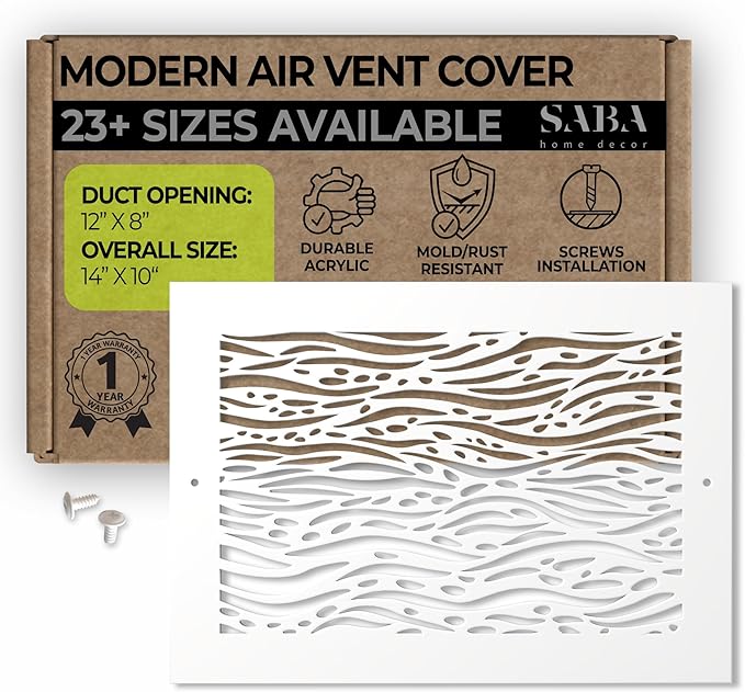 SABA Home Decor White Air Vent Cover - Acrylic Plexiglass 8" x 12" Duct Opening (10" x 14" Overall) Return Grille Covers for Walls & Ceilings NOT for Floor USE, Waves (8" x 12", Screws Installation)