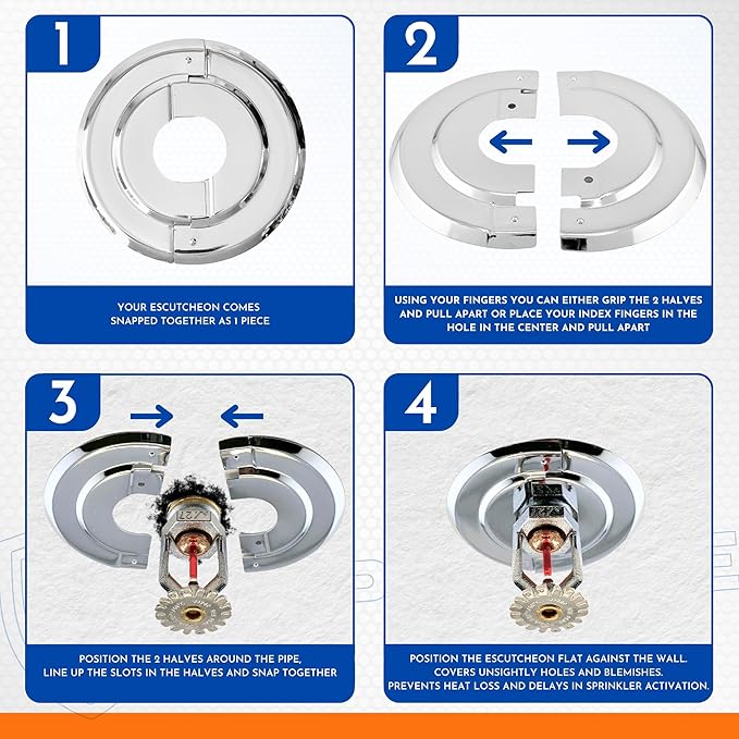 Retrofit Fire Sprinkler Escutcheon Cover Plate 1/2" IPS - Beveled 2 Piece Stainless Round Split Flange for Easily Covering Gaps Between Fire Sprinkler Pipe and Ceiling or Wall - 4 PK