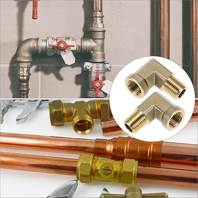 QWORK 90 Degree Brass Street Elbow, 2 Pack 1/8" NPT Male x 1/8" NPT Female Forged Fitting, High-Temperature Brass Connector, NPT Pipe Fittings