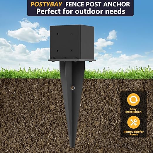1 Pcs 6"x6" Fence Post Anchor Ground Spike 22"(Actual 5.6"x5.6") Heavy Duty Metal Fence Post Anchor with Black Powder-Coated for Deck,Fence,Porch,Railing,Mailbox