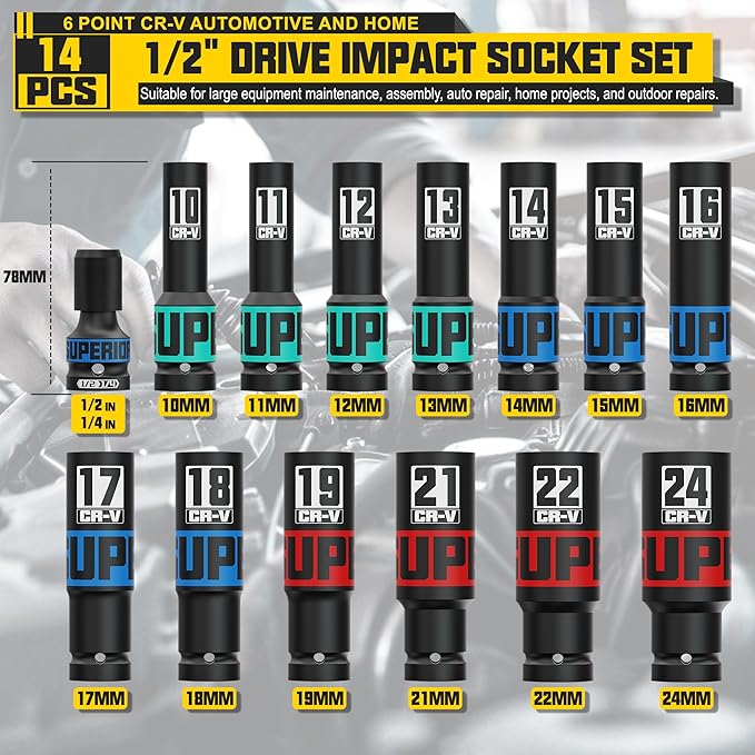14-Piece 1/2" Drive Impact Socket Set, 10-24mm Thicker Deep Sockets with Storage Case and 1/2 to 1/4 Impact Wrench Adapter, Metric 6 Point Socket Set for Automotive and Home