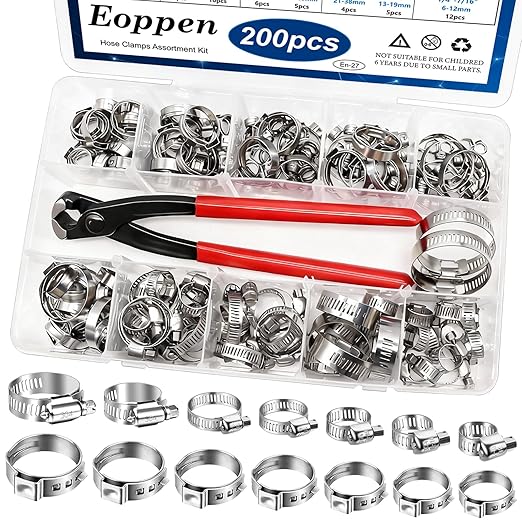 200Pcs 19 Sizes 304 Stainless Steel Single Ear Hose Clamp with Ear Clamp Pincer 5.3-33.1mm & Adjustable 1/4Inch - 2Inch(6-51mm) Hose Clamp Assortment Kit for Automotive, Plumbing, Fuel Line