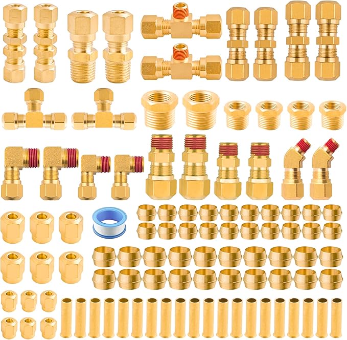 101Pcs Brass DOT Air Brake Line Fittings Assortment - 1/4" 1/8" 3/8" 1/2" Quick Connect Hose Fittings for Compression Nylon Tubing - Repair Kit for Truck or Industrial System