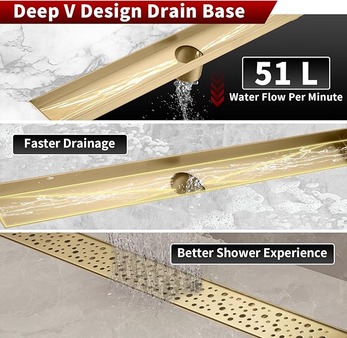 Sharp-tec 28 inch Linear Shower Drain, Gold Rectangular Floor Drain, V-Shape Design Drain Channel, 304 Stainless Steel, cUPC Certificated for Bathroom Shower Room (Drain Base is Not Included)