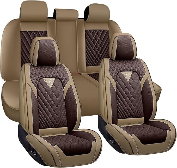Car Seat Covers for Jaguar E-PACE 2018-2024,Breathable Nappa Leather Car Seat Protector,Full Seat Cover Automotive Seat Cushion with Airbag Compatible(5 Seats,Beige-Brown)