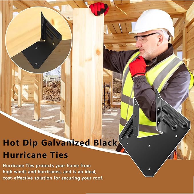 20pcs Hurricane Ties for Rafter, 14-Gauge Hurricane Straps Brackets Fit 2x4, 2x6 Truss to Rafter Connector, Hot Dip Galvanized Black Joist Hangers for Roofing Wood Timber, Hurricane Clips with Gloves
