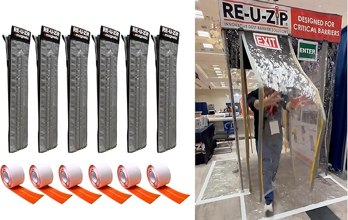 RE-U-ZIP® Self-Closing Magnetic Entry Strip | Hands-Free Dust Barrier Zipper Alternative for Plastic Sheeting | Reusable, Custom Placement & Works Under Negative Air | 6-Pack