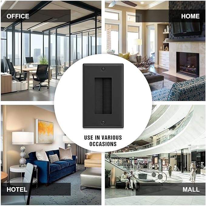 FGB 10 Pack Brush Wall Plate with Low Voltage Mounting Bracket, Cable Pass Through Insert for Wires, Single Gang Cable Access Strap, Wall Socket for HDTV, Home Theater Systems - Black
