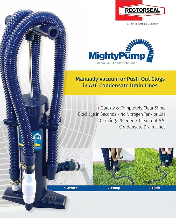 RectorSeal Mighty Pump 97795 Hand Operated A/C Condensate Pump, Easy Application, Lightweight & Heavy Duty PVC, Clears Slime, Mold, and Dirt, Easy Application, HVAC