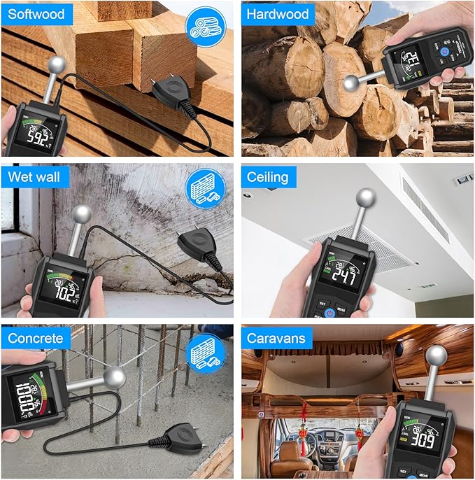 Moisture Meter - TEMIRUP Pin & Pinless Wood Moisture Tester with Color LCD and Acoustic Alarm, Digital Moisture Reader Detects 20-40 mm for Walls, Wood, Masonry, Concrete and Other Building Materials