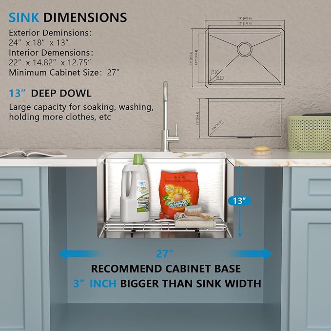 24"x18" Undermount Laundry Utility Sink Workstation – 16 Gauge 304 Stainless Steel, 13 Inch Deep Single Bowl Under Counter Sink Basin for Laundry Room, RV or Utility Use