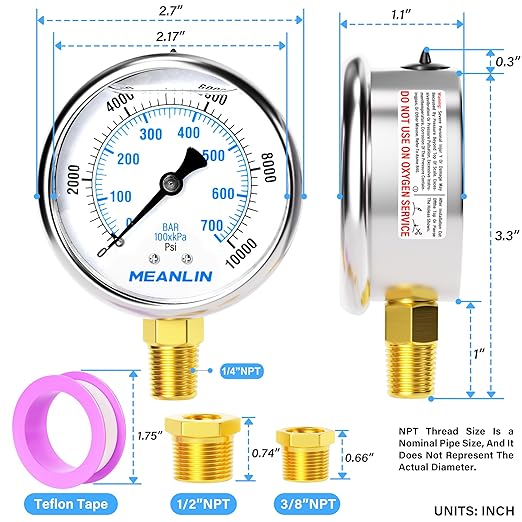 MEANLIN MEASURE 0~10000Psi Stainless Steel 1/4" NPT 2.5" FACE DIAL Liquid Filled Pressure Gauge WOG Water Oil Air Lower Mount, with 1/2" NPT and 3/8" NPT Hex Bushing