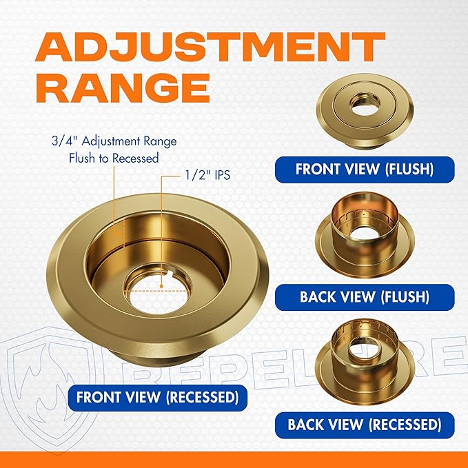 Recessed Fire Sprinkler Escutcheon 1/2 in. IPS - 2 Piece in Brass - Depth Adjustment Range up to 3/4 in. for Fire Sprinkler Trim