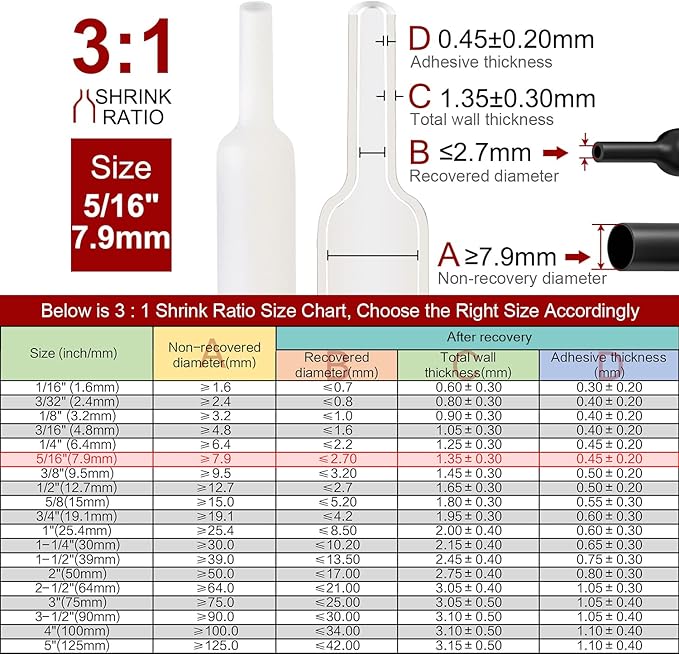 Chanzon 3:1 Ratio 5/16" (7.9mm) Heat Shrink Tubing - Marine Grade Waterproof Adhesive Lined - 8Ft Roll (2.5M Total Length) White Polyolefin Sleeving Wrap Shrinking 3 to 1 Ratio 1pcs