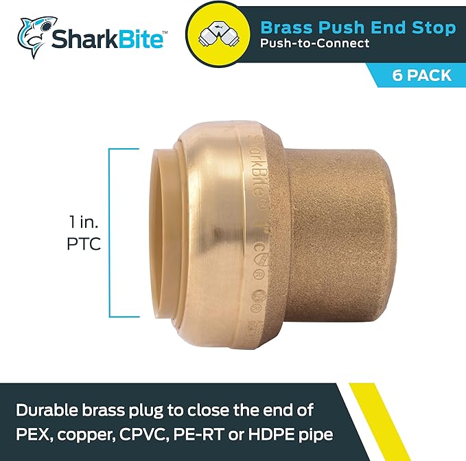 SharkBite 1 Inch Push Cap, Pack of 6, Push to Connect Brass Plumbing Fitting, PEX Pipe, Copper, CPVC, PE-RT, HDPE, U520LF