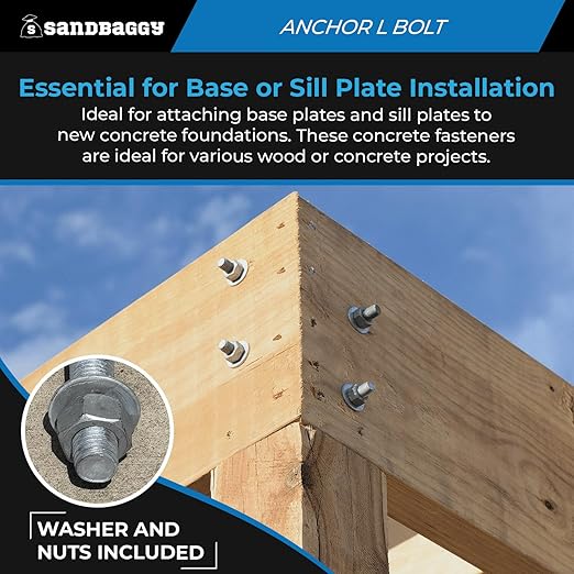 Sandbaggy 3/4" x 24" Threaded Concrete Anchor L-Bolts (Nuts & Washers Included) - Hot Dipped Galvanized - Sill Plate, Base Plate, Masonry, Wood, Cement Anchors, J Bolt (340, 3/4" x 24")