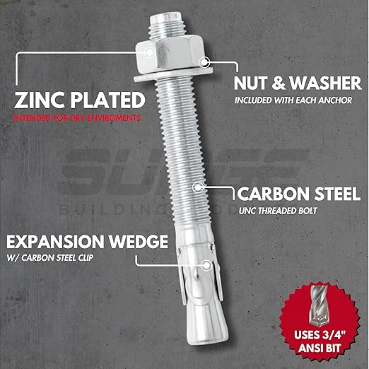 3/4" x 10" Zinc-Plated Wedge Anchors for Concrete and Cement | Heavy-Duty 3/4 Concrete Anchors (Box of 10)