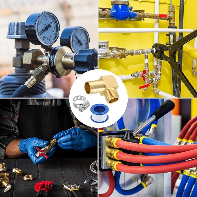 uxcell Brass Hose Barb Fitting, 3/4" x 1/2" NPT 90 Degree Elbow Hose Connector with Hose Clamps for Water Fuel Gas Oil Transportation