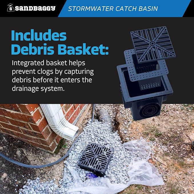 Sandbaggy 12" x 12" Stormwater Catch Basin - 4 Outlets - UV Treated with Debris Basket - Residential, Yard, Lawn, French Drains (12" x 12", 1, Count)