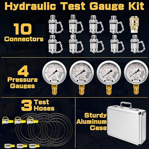 Hydraulic Pressure Gauge Test Set for Excavator, Pressure Tester Coupling Kit with 4 Gauges (1500PSI, 3500PSI, 6000PSI, 9000PSI)