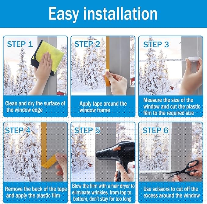 Window Insulation Kit, 87 × 394 Inch Plastic Window Covering for Winter, Window Insulation Film Window Wrap Insulation Windows Winterizing Kit with Double-Sided Tape for 3 Pcs 7 x 9 Ft Windows