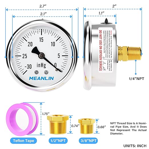 MEANLIN MEASURE -30inHG~0Psi Stainless Steel 1/4" NPT 2.5" FACE DIAL,Vacuum Liquid Filled Pressure Gauge,Single Scale, WOG Water Oil Air, Back Mount, with 1/2" NPT and 3/8" NPT Hex Bushing