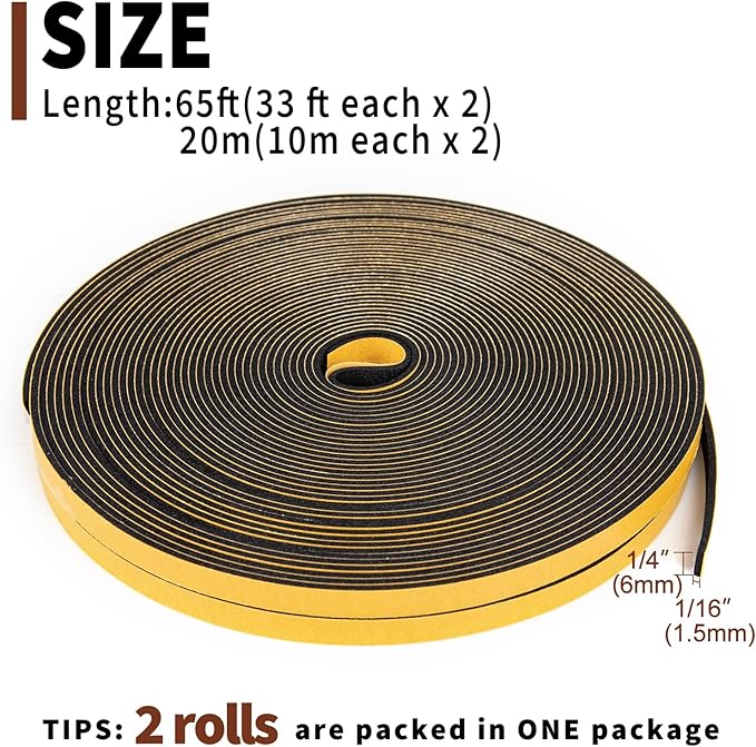 Yotache Weather Stripping (.25) 1/4 Inch Wide X 1/16 Inch Thick (New Adhesive Craft), Thin Foam Seal Gasket Tape for Window, Dashboard, Sliding Door Jamb, 65 Ft Length (2 Strips of 33 Ft Each)