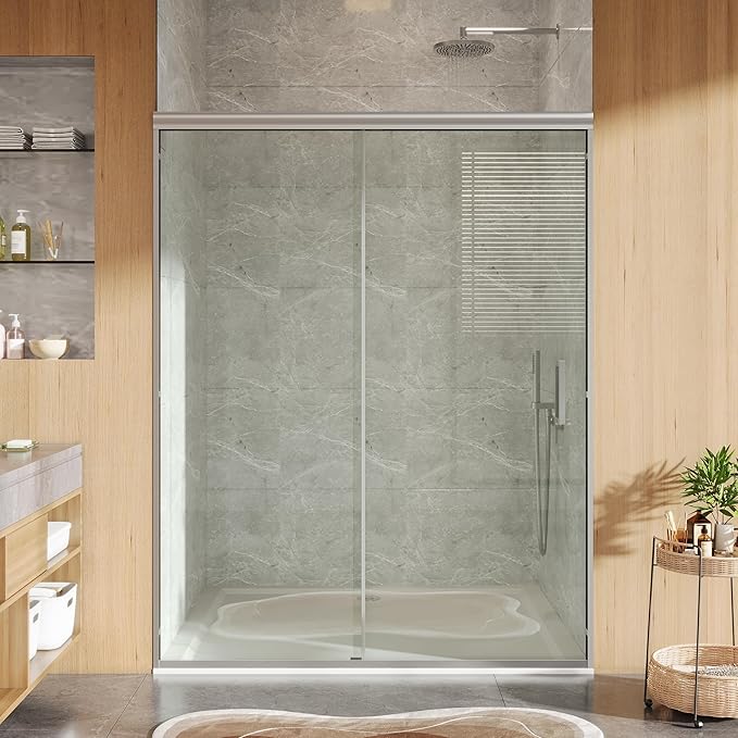 Bypass Sliding Shower Door - Double 6mm Tempered Glass with Easy-Clean Finish, Space Saving Aluminum Alloy Frame, 44 to 48 Inch Adjustable Width x 72 Inch Height, Brushed Nickel Enclosure