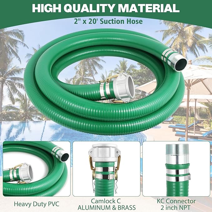Heavy Duty 2" x 20' Green PVC Discharge Hose Pump Kit, Pool Suction Hose with Aluminum Camlock Fittings, Steel Round Strainer, Cam & Groove Adapter