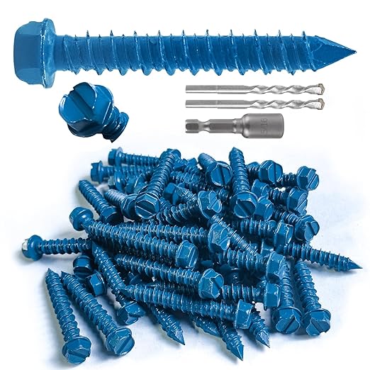 100Pcs 1/4" x1-3/4 Concrete Screws with Drill Bit, Hex Head Concrete Cement Screws Anchor Assortment Kit for Masonry, Block Brick or Stucco