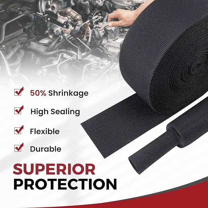 Heat Shrink Wire Loom 2:1 Shrinkable Braided Cable Sleeve 1-1/8 Inch ID-46ft Abrasion Protection Flexibility Fabric Wiring Harness Cover Sheath