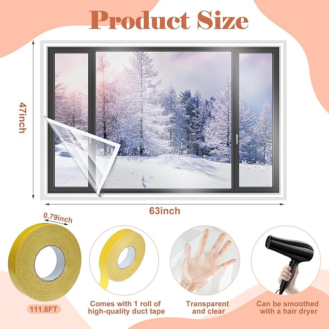6 Pcs 47 x 63 Inch Window Insulation Kit - Cuttable Transparent Shrink Film With Double Side Tape for Patio Winterizing - Reusable Plastic for Thicken Warm Winter Windows