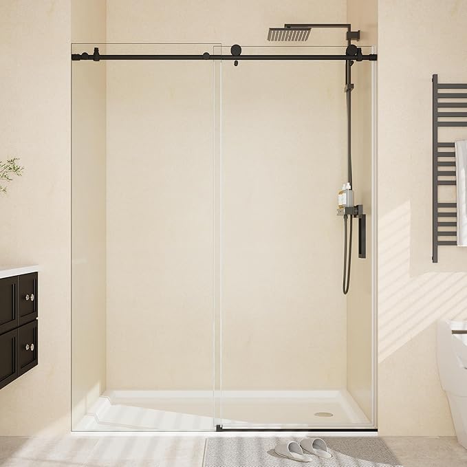 Frameless Sliding Shower Door - 44 to 48 Inch Adjustable Width x 76 Inch Height, 8mm Tempered Glass with Soft Close & Easy-Clean Coating, Stainless Steel Round Rail & 55 Rollers, Matte Black Finish