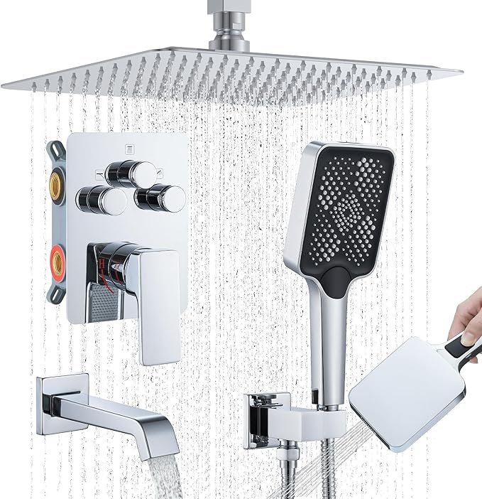Bathtub Shower Faucet Set with Pressure Balance Valve, 12" Ceiling Mount Shower System with Tub Spout Multi-function Handheld Head Pressure Balancing Push Button Diverter Shower Trim Kit,Chrome