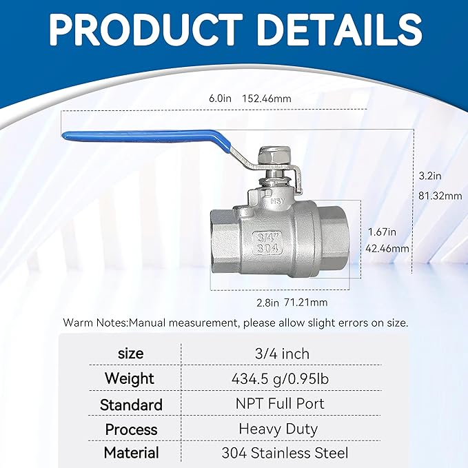 4 Pack Full Port Ball Valve 3/4 NPT 304 Stainless Steel 2 - chip ball valve Female Heavy Duty WOG1000 for Water，Oil，Gas with Locking Devic (3/4", 4)