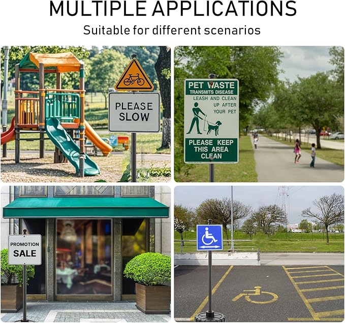 Portable Sign Post and Base Kit, 5 ft Heavy Duty Cast Iron Sign Pole with Hard Plastic Wheeled Base, Movable Signs Stand Easy to Use Portable Sign Holder for Traffic, Parking, and Safety Signs