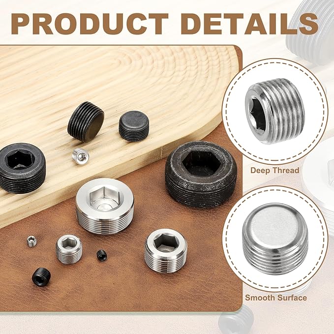 Pipe Plug Stainless Steel Internal Hex Thread Socket Pipe Plug Fitting - Fitting for (Sealing Port - Air Tanks - Water Outlets) 3/8 Inch NPT Male & 6 Pack