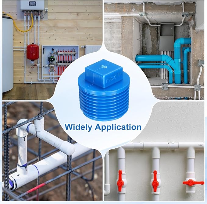 uxcell 10Pcs 1 Inch PT Male Thread PVC Pipe Fitting Plug, Cleanout Plugs, Water Drain End Caps Coupling Adapter with Tape for Water Heater Supply Lines, Plumbing, Blue