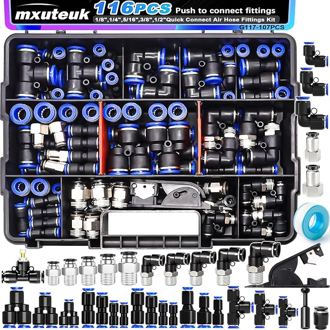 mxuteuk 116PCS Air Line Quick Connect Fittings,1/8",1/4",5/16",3/8",1/2",4/6/8/10mm OD Push to Connect Fittings,Quick Connect Air Hose Fitting,Quick Release Pneumatic Kit
